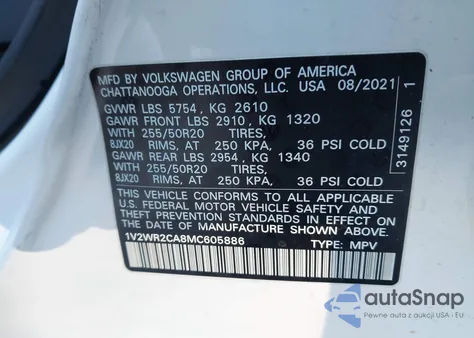 2021 Volkswagen Atlas 3.6L V6 Se W/Technology from USA, damaged, VIN 1V2WR2CA8MC605886